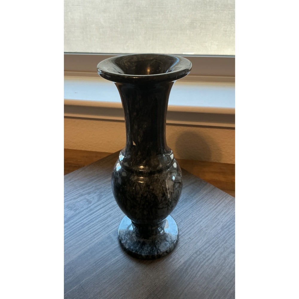 Marble Stone Vase Grey White Black Flared Rim Pedestal Base 8 Inch, 3 inch Rim